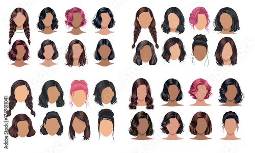 Woman hairstyle illustration set showing different female hair designs and colors  
