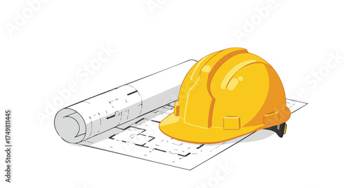 A yellow hard hat sits atop detailed architectural blueprints, symbolizing safety and meticulous planning in the construction and engineering industries.