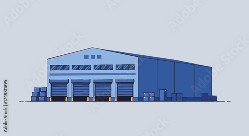 A modern blue industrial warehouse building with multiple loading docks and stacked boxes, representing global logistics and efficient supply chain operations.