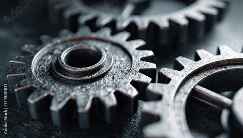 Close-up of three interlocking metal gears with textured surfaces, creating a sense of movement