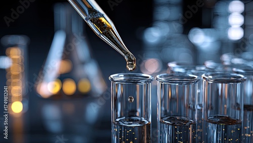 A pipette carefully drips a golden liquid into a test tube, science lab glassware in background