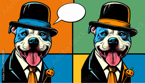Smiling Pitbull dogs in suits and hats in retro pop art style with speech bubble
