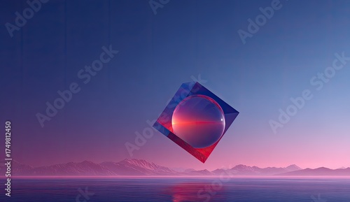 A minimalist, abstract digital artwork features a sphere within a cube, reflected on water against a gradient sky