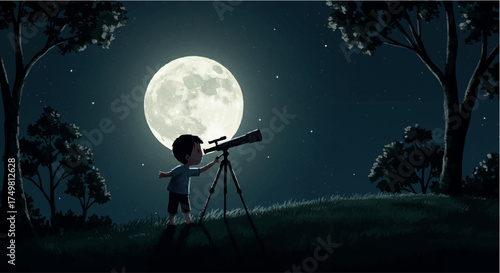 Curious Child Gazing at the Full Moon Through a Telescope at Night