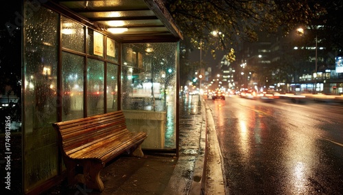 A rainy night scene shows a bus stop with a bench beside a busy road with blurred headlights