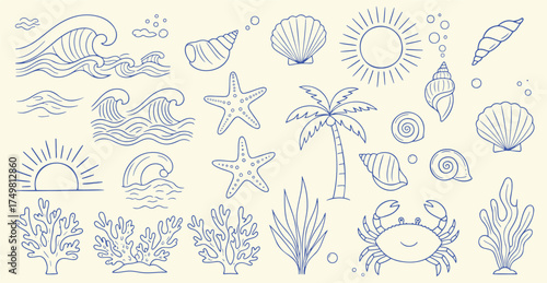 Adobe Illustrator ArtworkSummer Beach Doodle Line Art Icon Set
Ocean Life and Sea Hand Drawn Doodle Collection
Tropical Ocean Icon Collection with Waves Shell Coral and Crab
