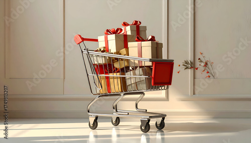 Miniature shopping cart overflowing with beautifully wrapped gift boxes.