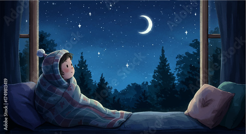 Cozy Child Watching Crescent Moon and Stars from Window