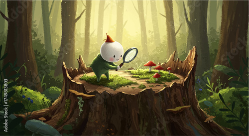 Whimsical Character with Magnifying Glass on Forest Stump