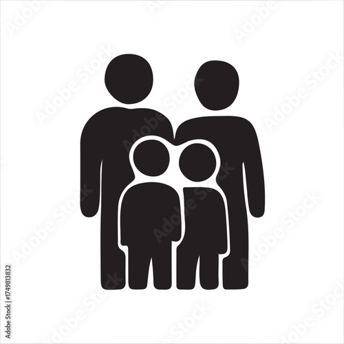 A simple black silhouette icon representing a family unit, featuring stylized figures of a father, mother, and one child standing together