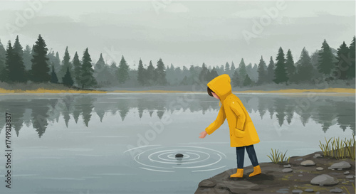 Child Skipping Stones on a Misty Lake Shore in a Forest