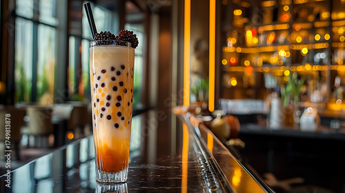 A glass of a drink with a straw in it sits on a bar