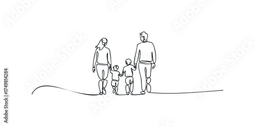 Family with two children walking together hand-in-hand