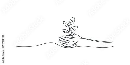 Hand holding seedling in continuous line drawing