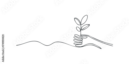 Hand holding seedling with continuous line drawing