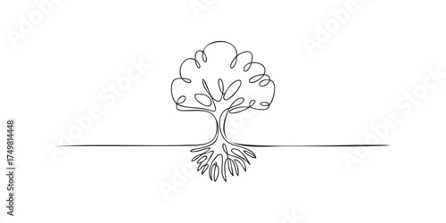 Minimalist tree with visible roots in continuous line style