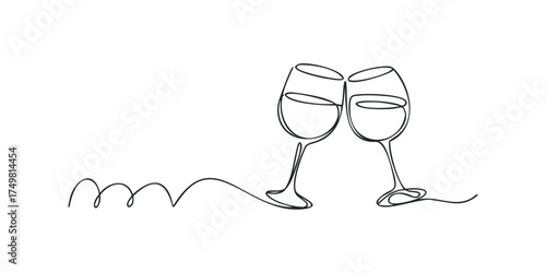 Two wine glasses clinking in a minimalist continuous line drawing