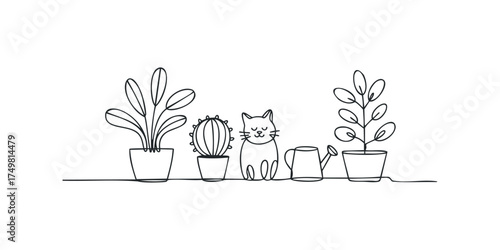 Single line drawing of cat with potted plants and watering can