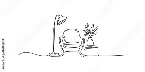 Minimalist single line drawing of a comfortable armchair with a floor lamp and potted plant
