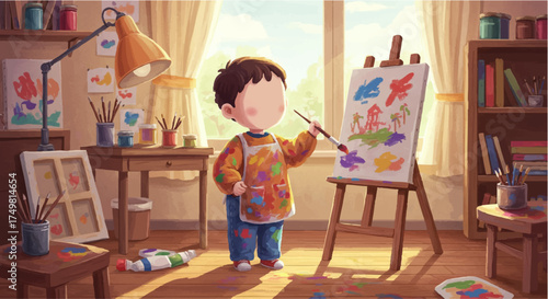 Creative child passionately painting on an easel in a sunlit art room