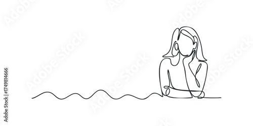 Single line drawing of a thoughtful woman resting chin on hand