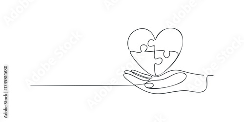 Hand holding heart shaped jigsaw puzzle pieces line drawing