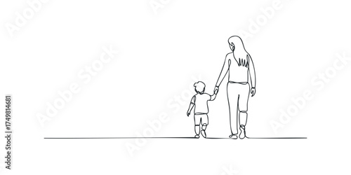 Line art of a woman holding a child's hand walking together