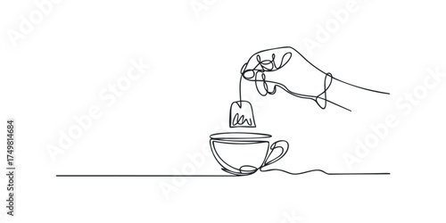Hand dips tea bag into cup in continuous line style