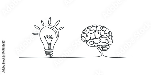 Brain and light bulb drawn with single continuous line