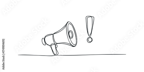 One line drawing of a megaphone and exclamation mark