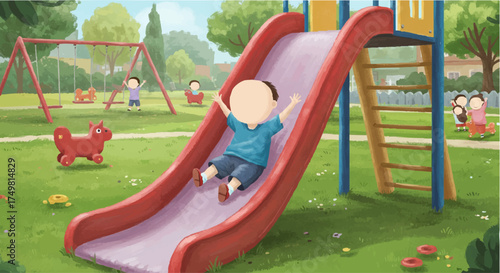 Ecstatic child gleefully sliding down a red slide in a lively playground