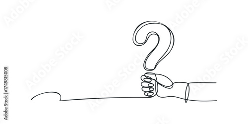 Single line drawing of a hand holding a question mark