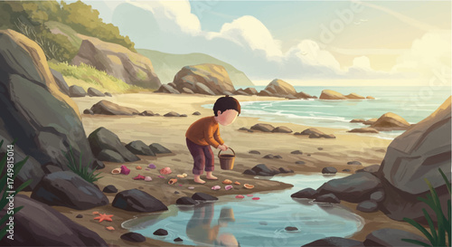 Industrious boy collecting colorful seashells on a scenic rocky beach