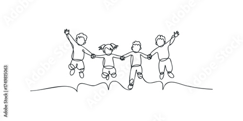 Children holding hands and jumping joyfully