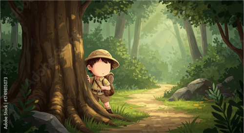 Adventurous boy playfully hiding behind a large tree in a deep forest