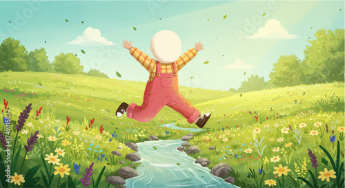 Exuberant child joyfully leaping over a stream in a vibrant meadow
