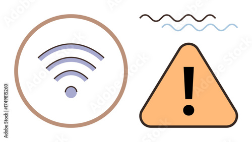 wireless signal icon encircled alongside a triangular warning sign with an exclamation point. Ideal for technology, communication, network issue, caution, troubleshooting, digital alert, simple flat