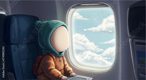 Curious child gazing out of an airplane window during a peaceful flight