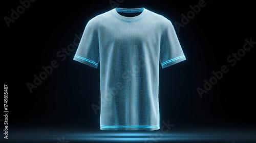 Futuristic Holographic T-Shirt Design with Glow and Light Effects Against Dark Background for Fashion and Technology Concepts