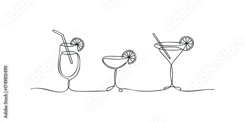 Three outline cocktails with citrus garnishes on white