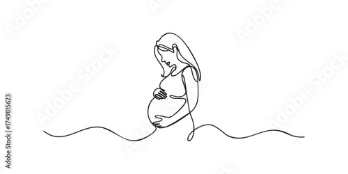 Pregnant woman embracing her belly with minimalist continuous line art