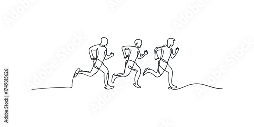 Three runners in motion captured by continuous line sketch