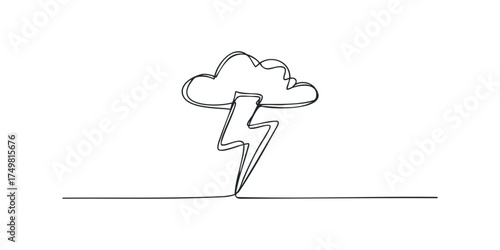 Continuous line drawing of storm cloud with lightning bolt