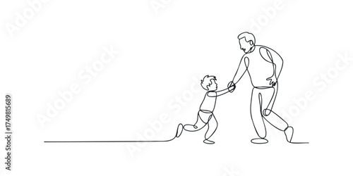 Continuous line drawing of a father and son holding hands