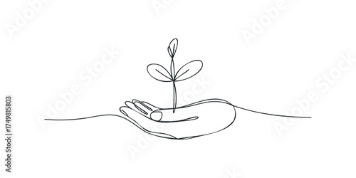 Single line drawing of a hand holding a sprouting seedling