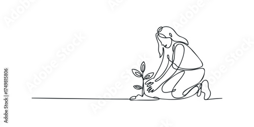 Woman planting a sapling with one continuous line