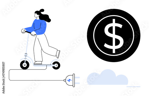 Person riding electric scooter connected to power plug near a dollar sign. Ideal for sustainability, eco-transportation, mobility, cost-efficiency, energy saving, urban living, simple flat metaphor