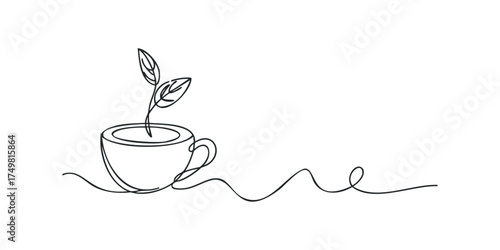 Single line drawing of a plant growing from a cup