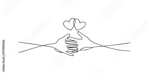Linked hands forming two hearts by continuous line drawing