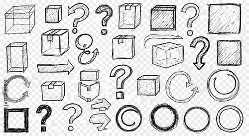 Vector art of hand drawn doodle set of boxes, arrows, and question marks for design elements
